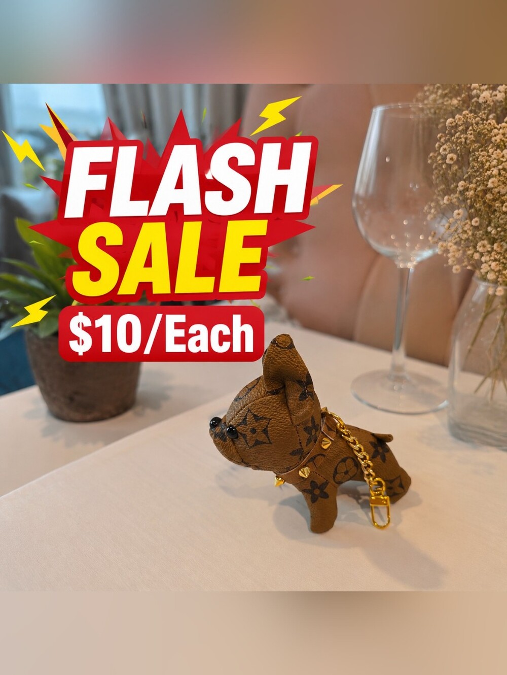 Tan Dog Keychain with Gold Accents And Gold Spiked Collar